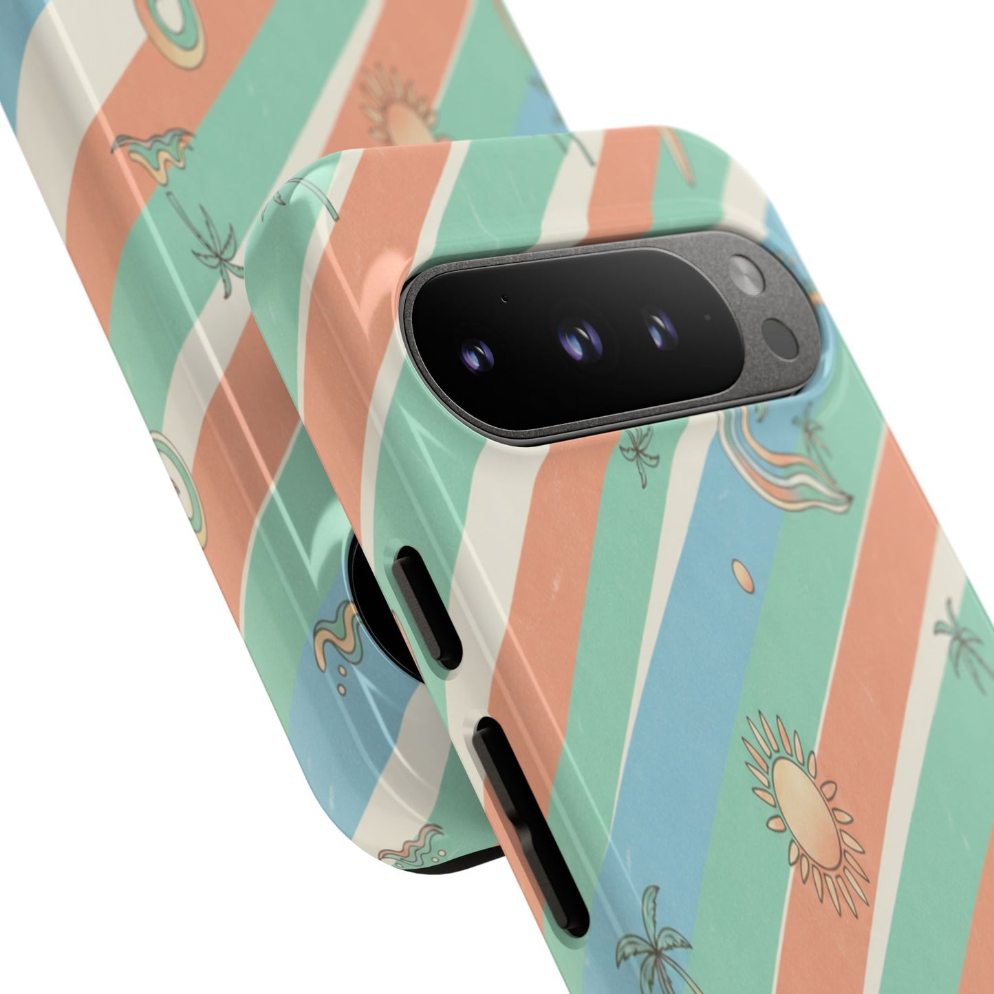 Retro Beach Stripes Phone Case — Sun, Waves & Palm Pattern Tough Case