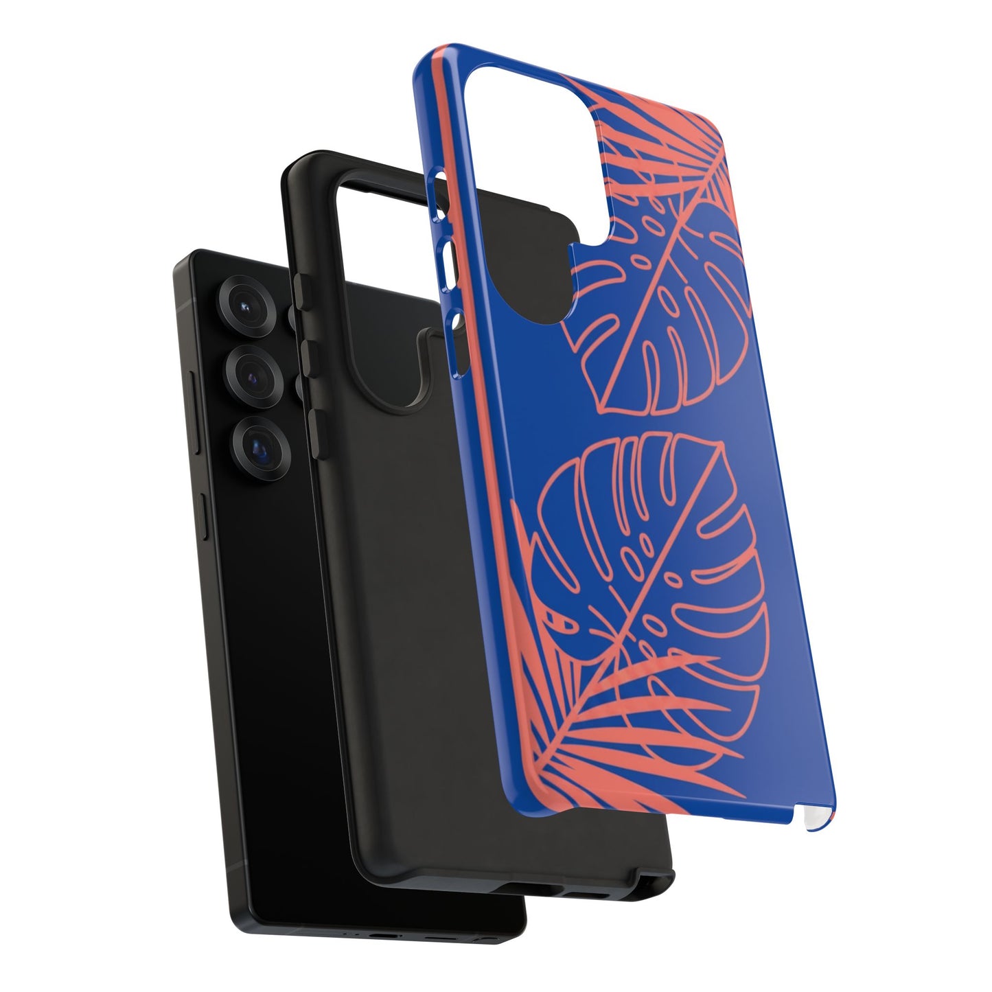 Tropical Monstera Phone Case — Blue & Coral Leaf Protective Cover