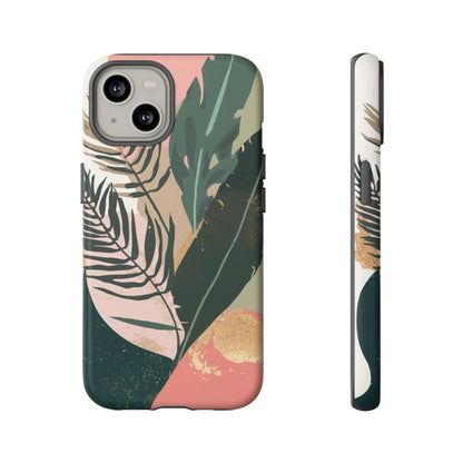 Tropical Leaf Tough Phone Case — Abstract Pink & Green Botanical Protective Cover