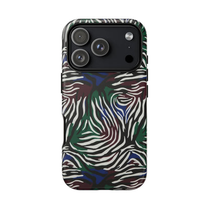Zebra Camo Tough Phone Case – Green & Blue Animal Print Protective Cover