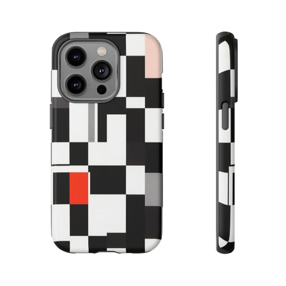 Abstract Geometric Phone Case – Black & White Checker Grid with Red Accent
