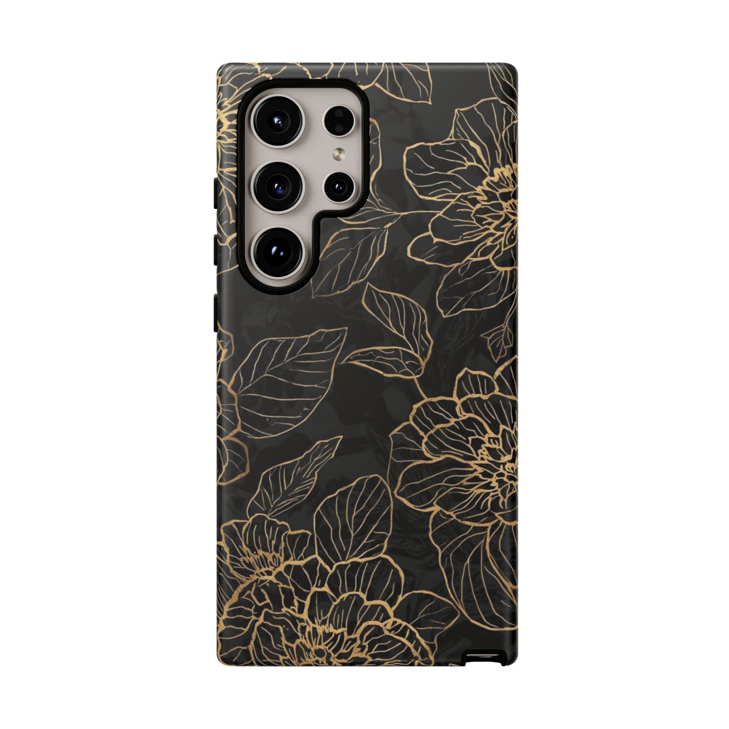 Floral Gold Outline Tough Phone Case – Black Botanical Protective Cover