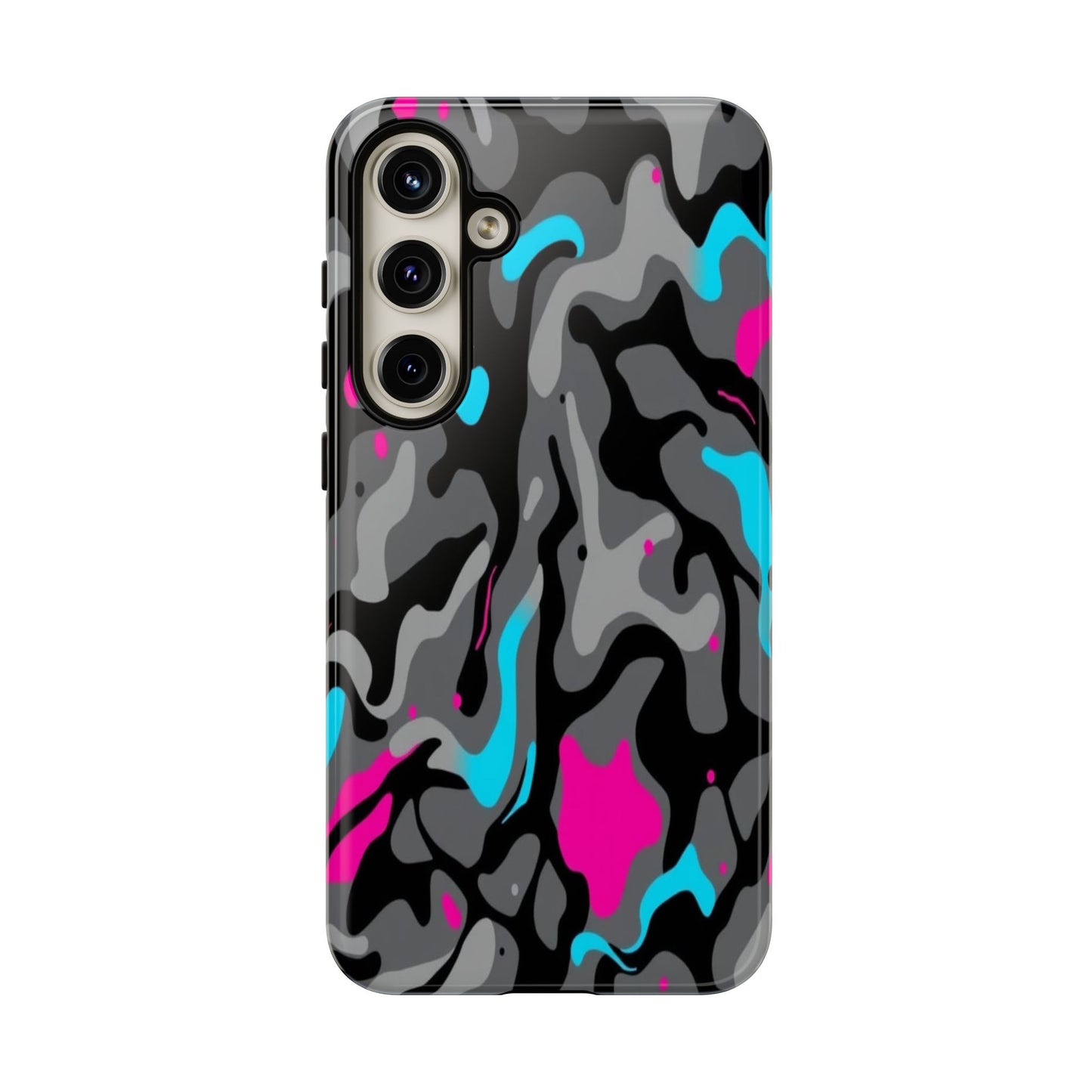 Camouflage Phone Case — Gray Camo with Neon Pink & Cyan Accent Tough Protective Cover