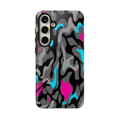 Camouflage Phone Case — Gray Camo with Neon Pink & Cyan Accent Tough Protective Cover