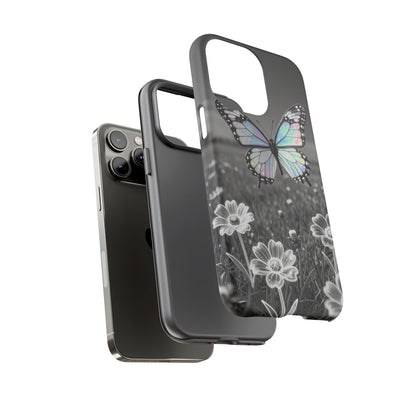 Butterfly Field Tough Phone Case — Pastel Holographic Butterfly on Black & White Floral Background