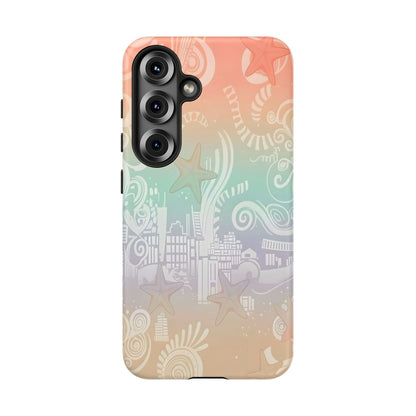 Tough Cases: Pastel Beach Pattern Phone Case — Starfish & Coastal Cityscape Protective Cover