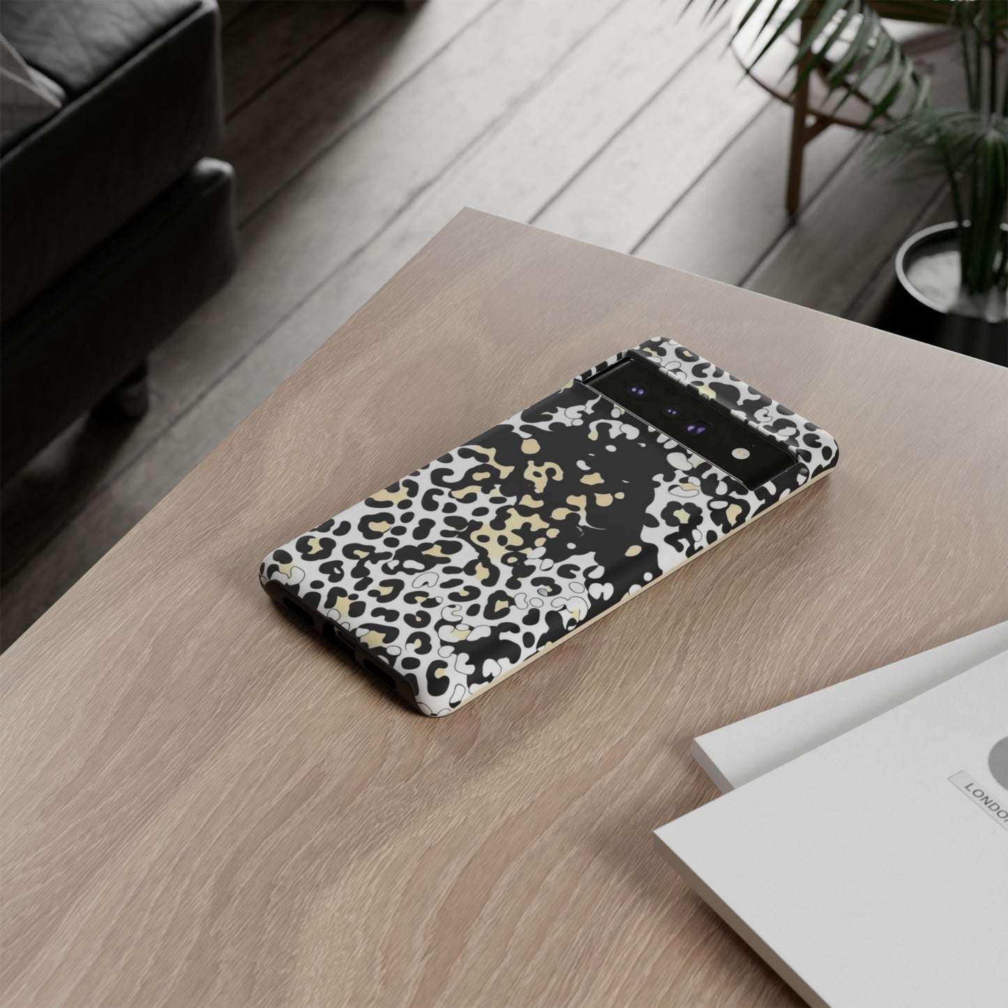 Leopard Splash Tough Phone Case — Black & Cream Animal Print Protective Cover