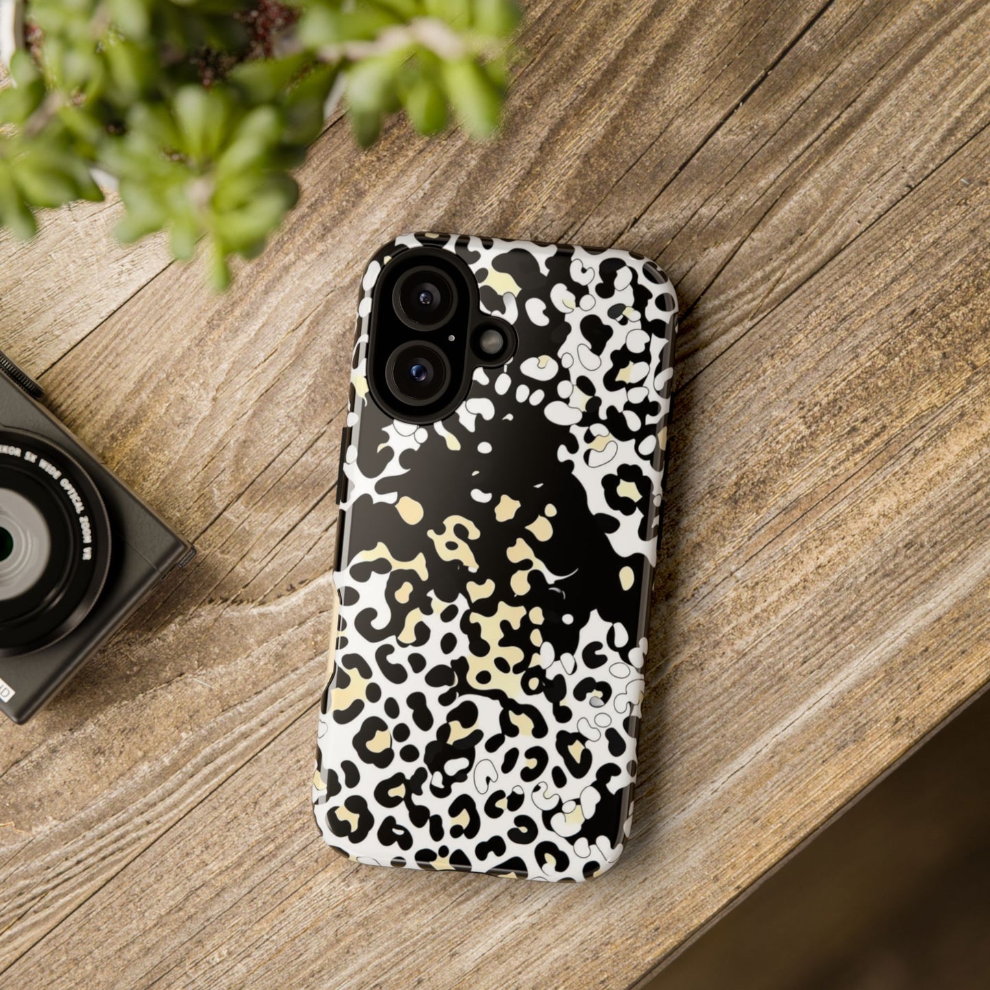 Leopard Splash Tough Phone Case — Black & Cream Animal Print Protective Cover