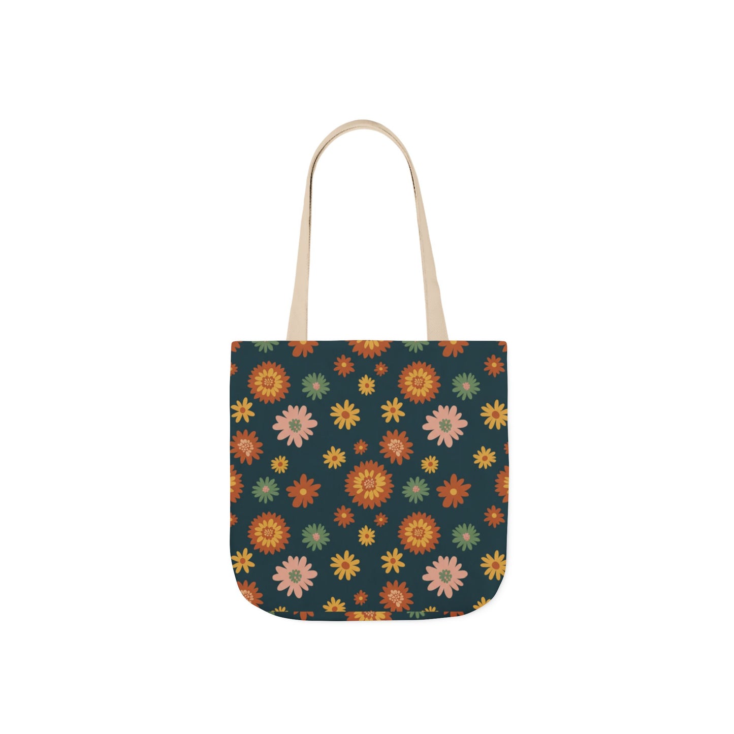 Retro Floral Canvas Tote Bag — Dark Green Sunflower Pattern