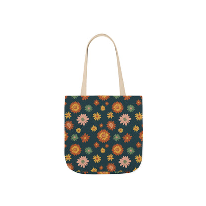 Retro Floral Canvas Tote Bag — Dark Green Sunflower Pattern