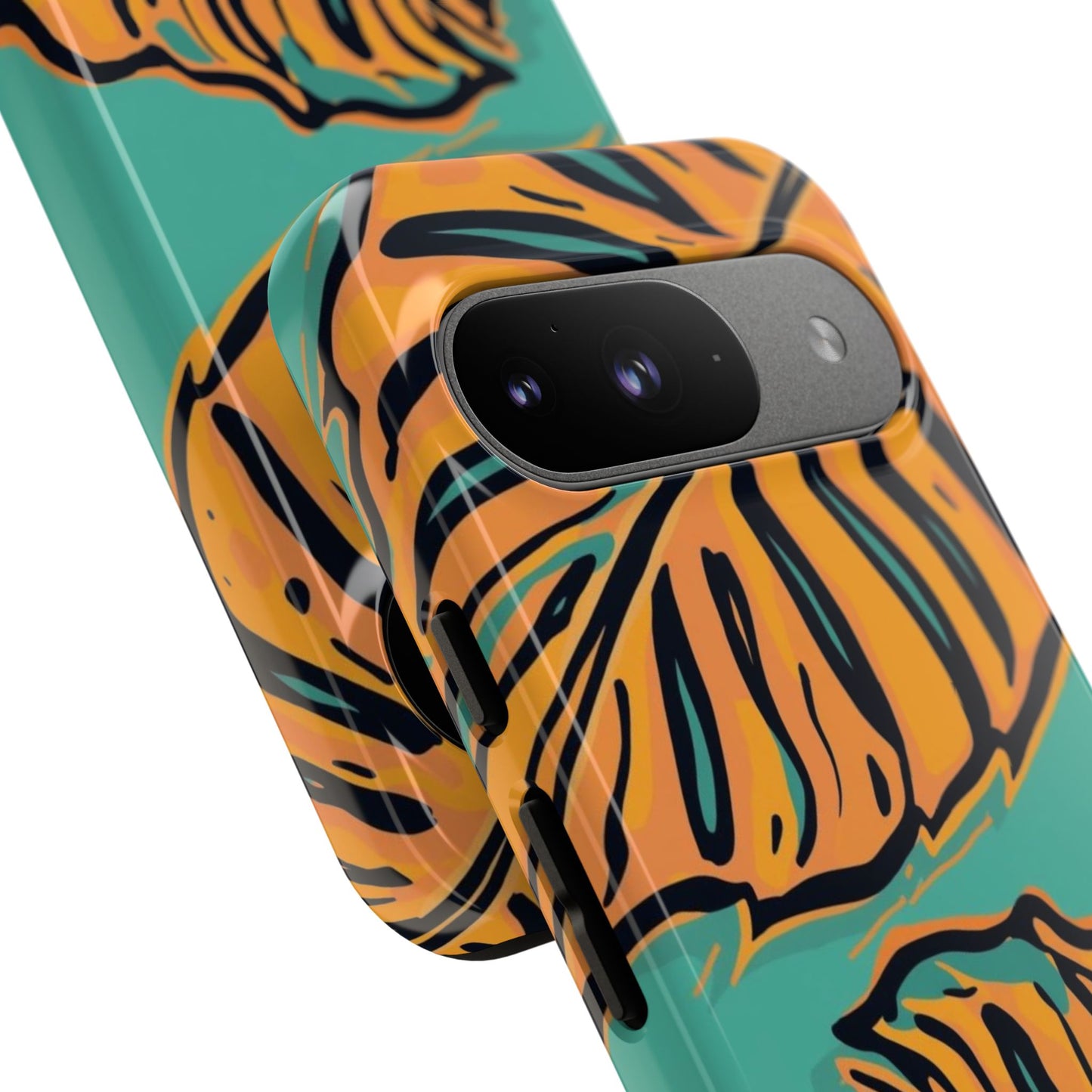 Tropical Leaf Tough Phone Case — Orange Monstera Design on Teal