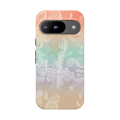 Tough Cases: Pastel Beach Pattern Phone Case — Starfish & Coastal Cityscape Protective Cover