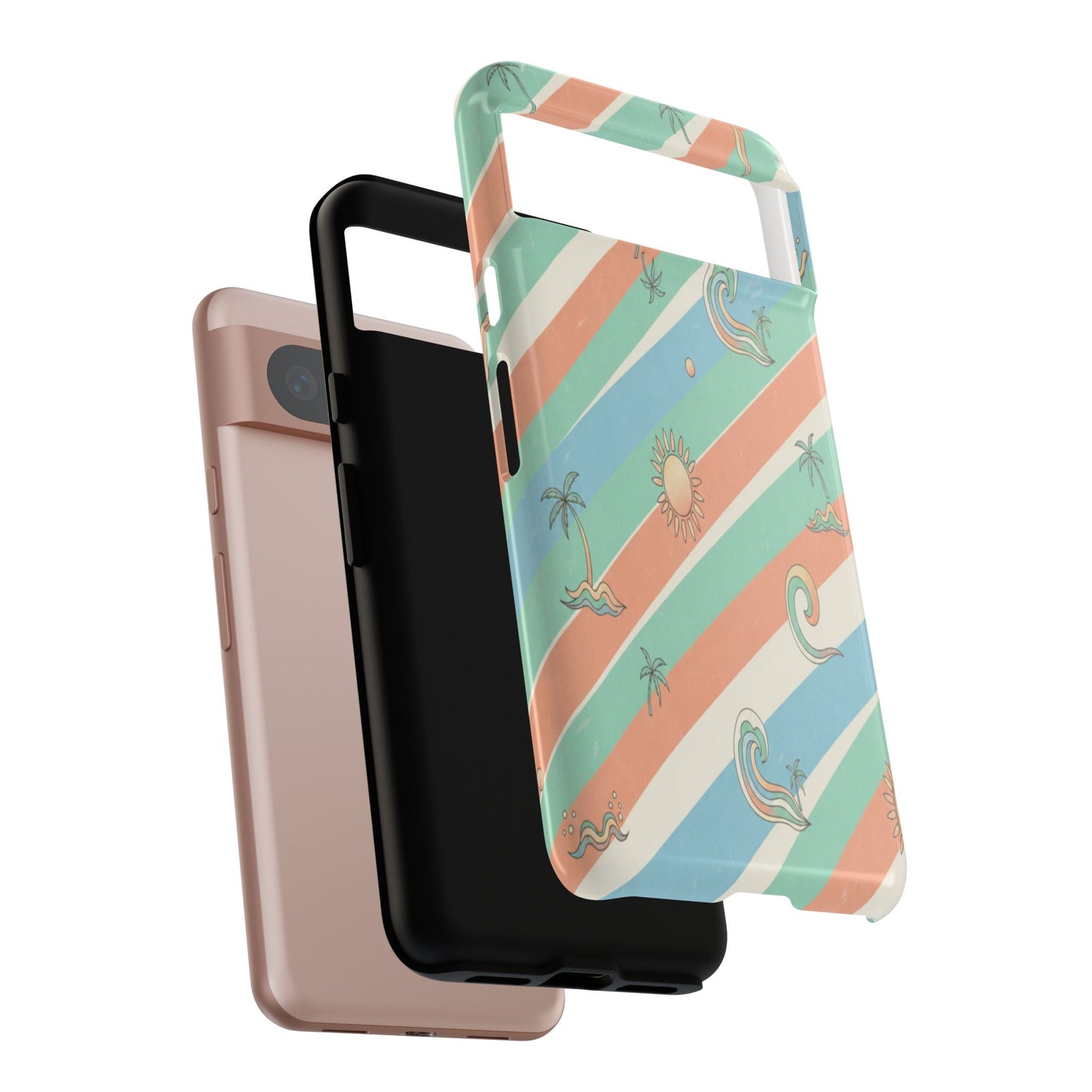 Retro Beach Stripes Phone Case — Sun, Waves & Palm Pattern Tough Case