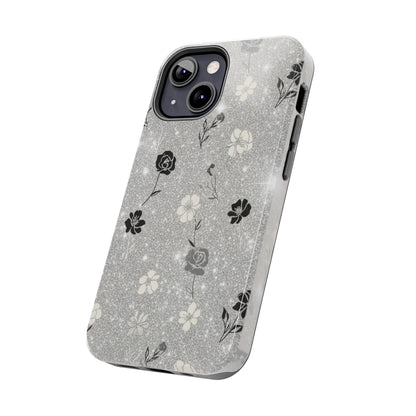 Floral Glitter Tough Phone Case — Black & Silver Vintage Flower Protective Cover