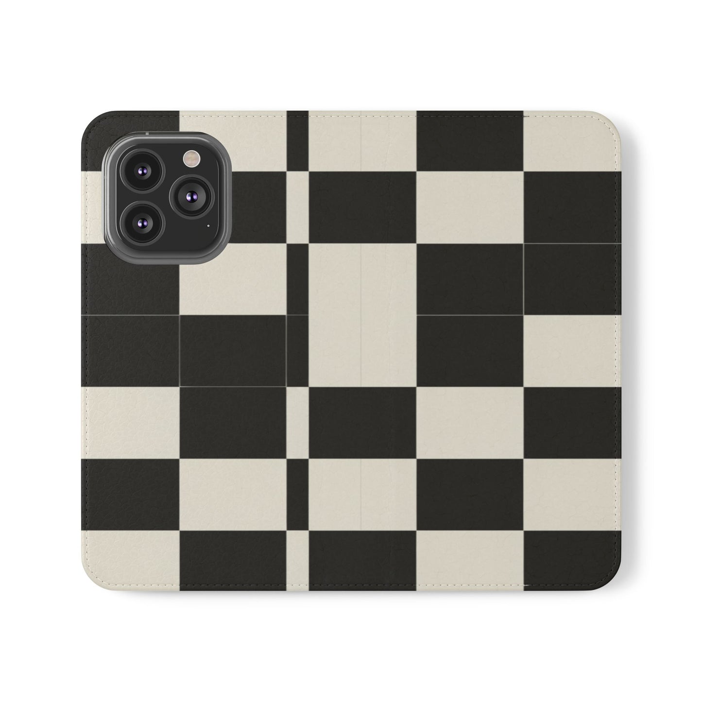 Checkered Flip Phone Case – Black & Cream Retro Grid Wallet Case