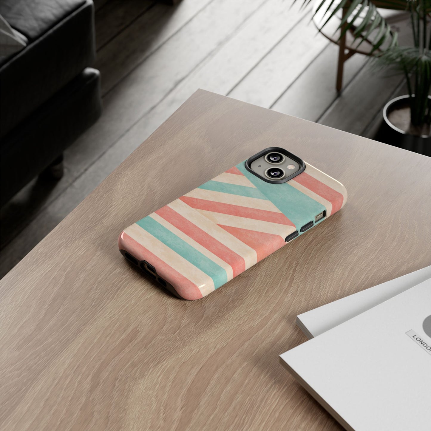 Pastel Stripes Tough Phone Case – Retro Coral & Teal Protective Cover