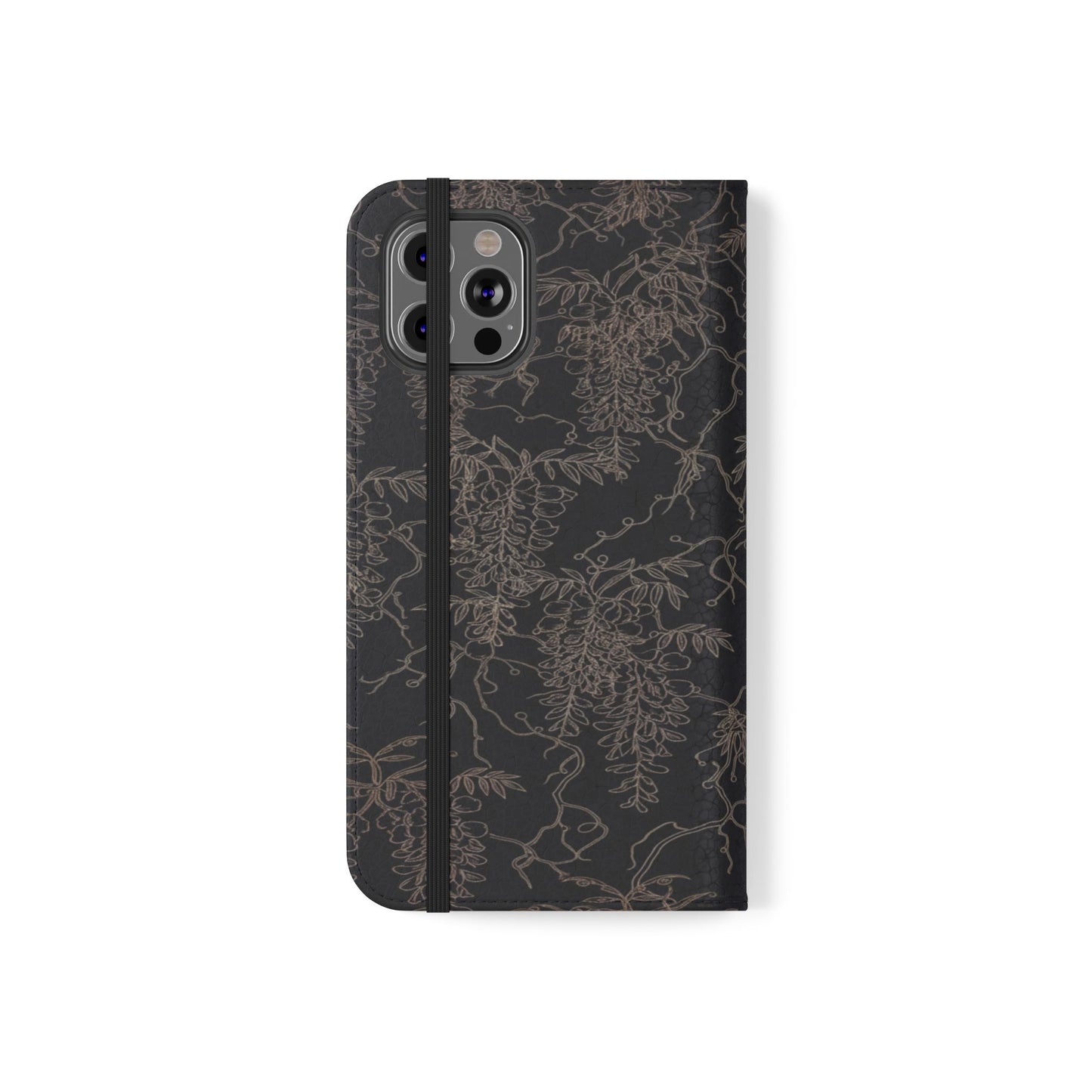 Botanical Noir Flip Phone Case — Dark Floral Wallet Cover with Card Slots
