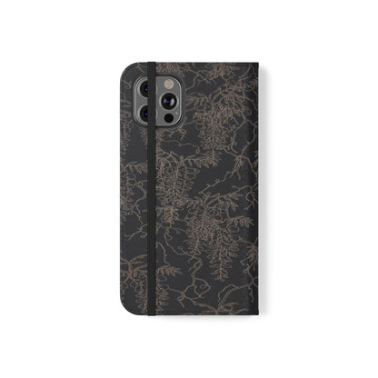 Botanical Noir Flip Phone Case — Dark Floral Wallet Cover with Card Slots