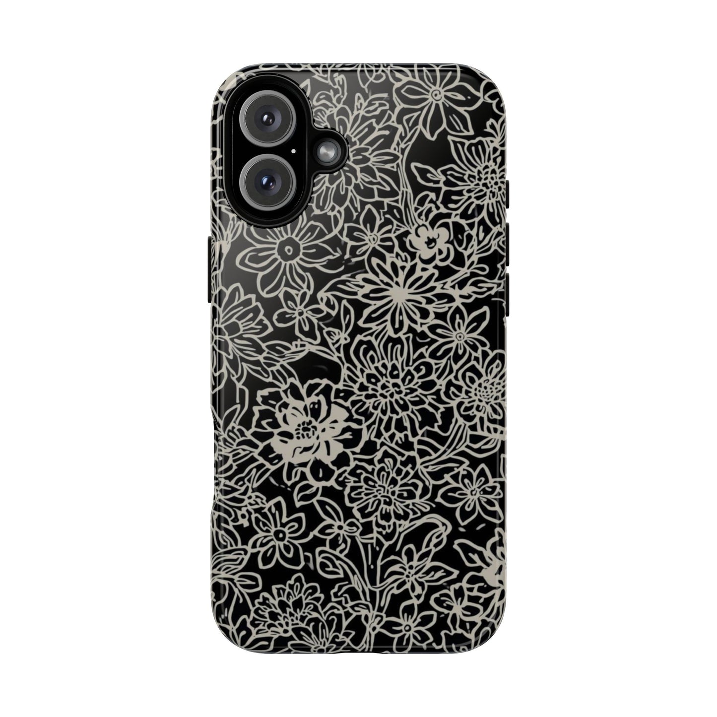Floral Doodle Tough Phone Case — Black & White Sketch Flower Protective Cover