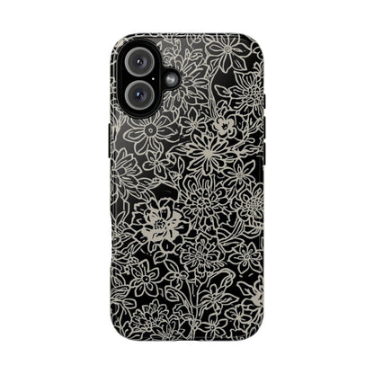 Floral Doodle Tough Phone Case — Black & White Sketch Flower Protective Cover