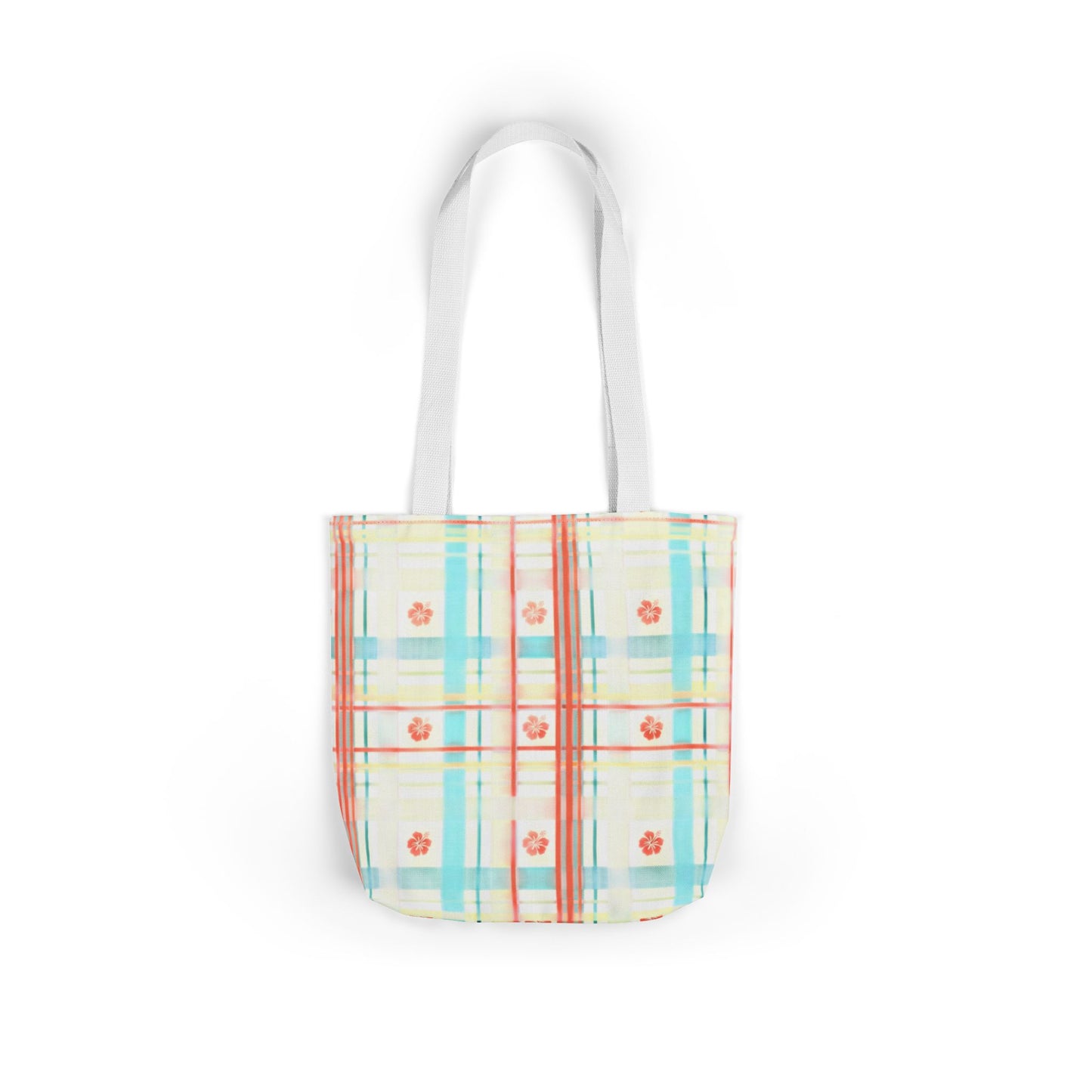 Floral Pastel Plaid Tote Bag — Canvas Shoulder Bag with Colorful Straps