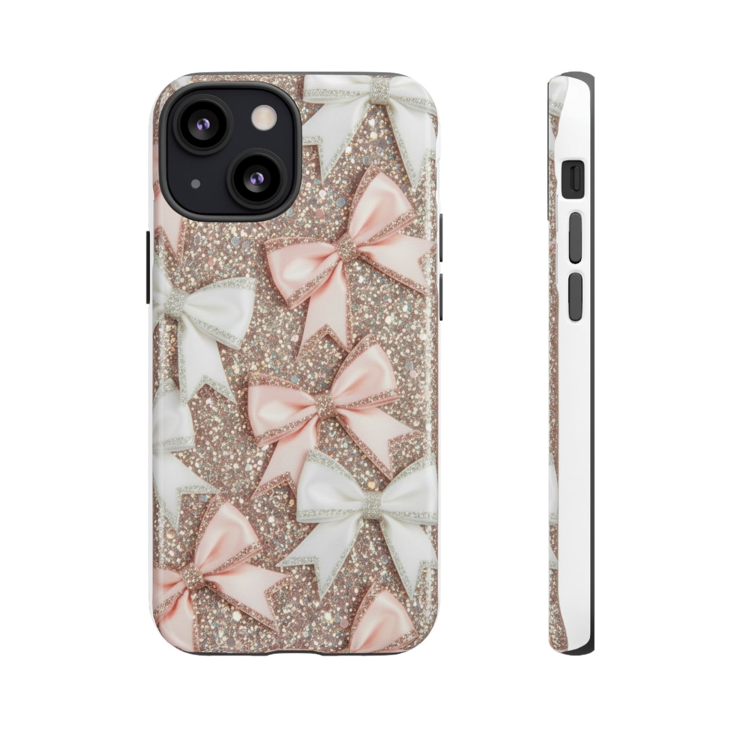 Glitter Bow Tough Phone Case — Pink & White Ribbon Protective Cover