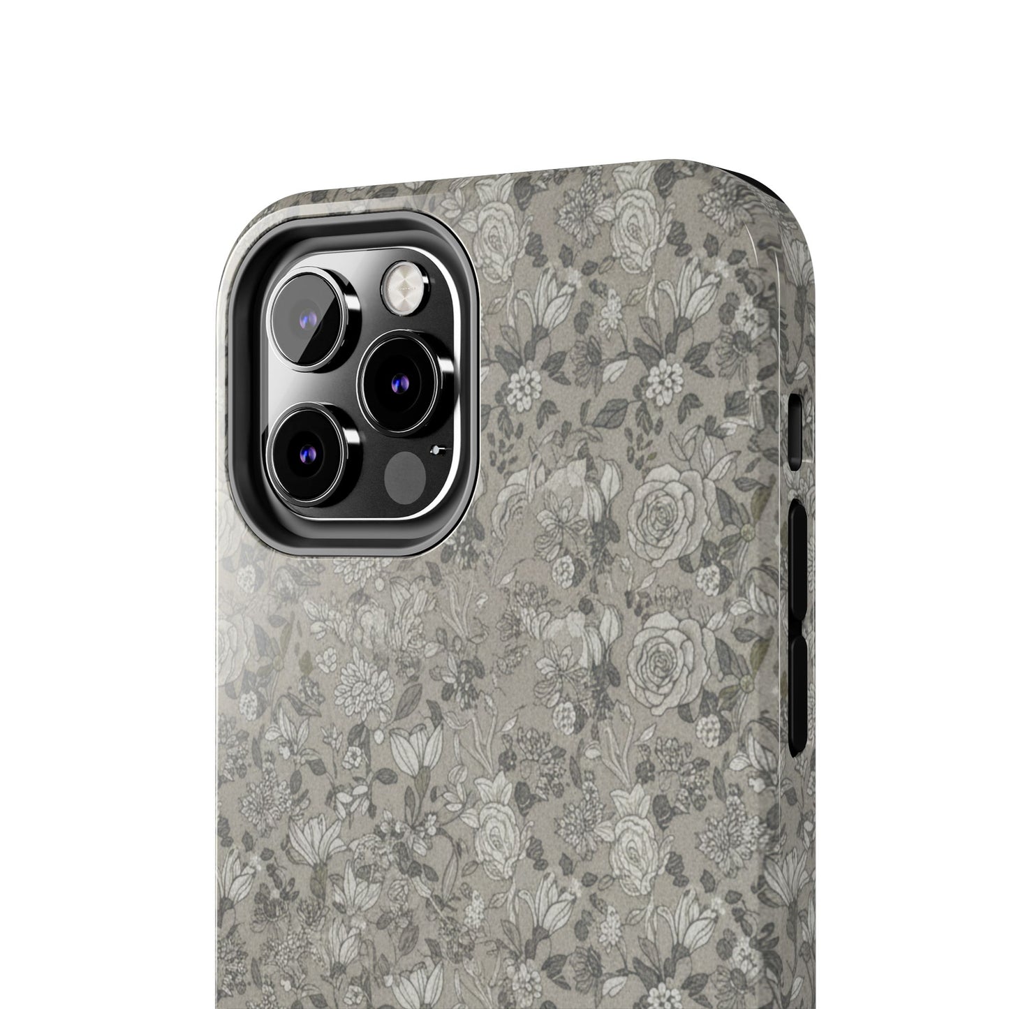 Gray Floral Tough Phone Case — Durable Protective Phone Cover with Vintage Botanical Pattern