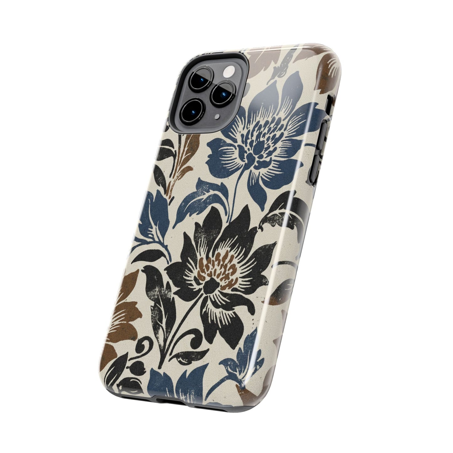 Floral Vintage Tough Phone Case — Blue & Brown Botanical Protection