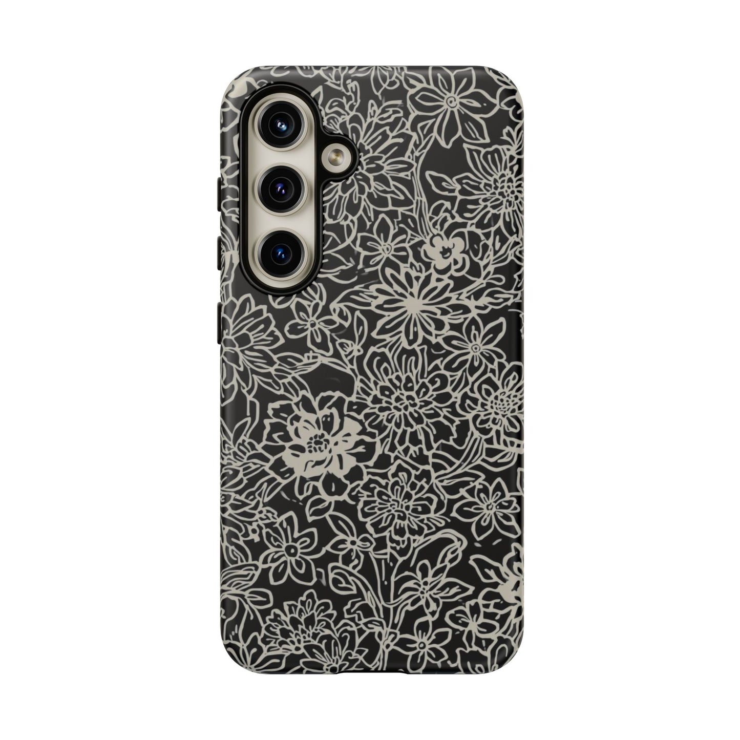 Floral Doodle Tough Phone Case — Black & White Sketch Flower Protective Cover