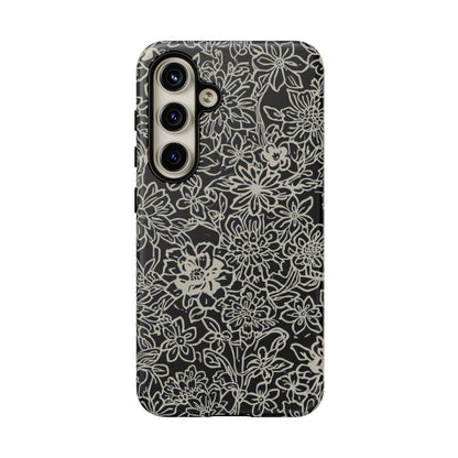 Floral Doodle Tough Phone Case — Black & White Sketch Flower Protective Cover