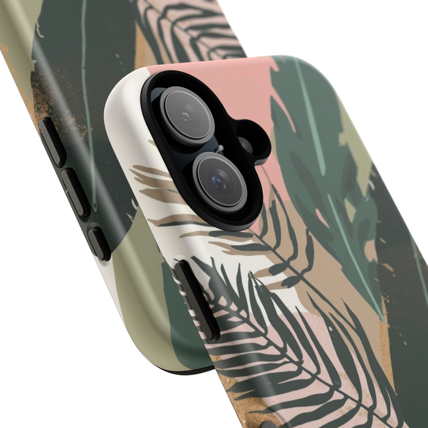 Tropical Leaf Tough Phone Case — Abstract Pink & Green Botanical Protective Cover