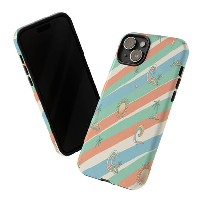 Retro Beach Stripes Phone Case — Sun, Waves & Palm Pattern Tough Case