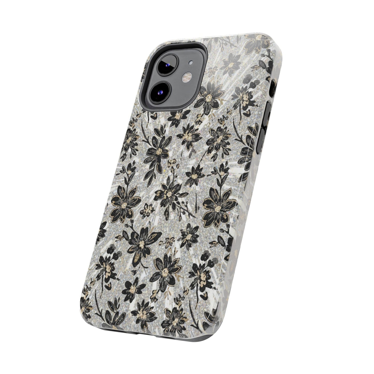 Floral Vintage Tough Phone Case — Black & Gray Rustic Flower Protective Case