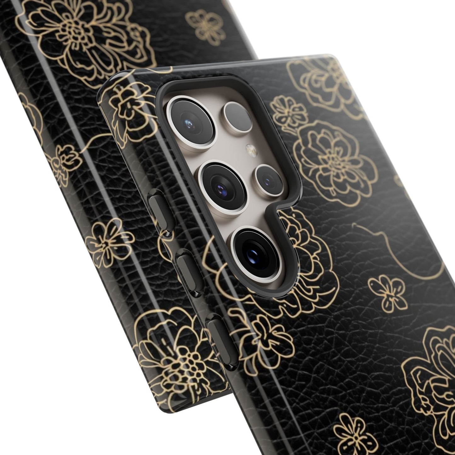 Floral Leather-Texture Tough Case – Black Gold Outline Phone Cover