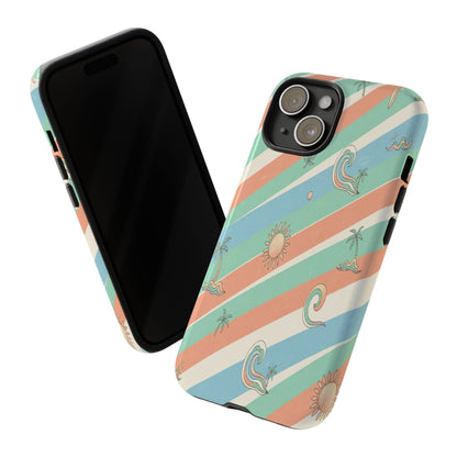 Retro Beach Stripes Phone Case — Sun, Waves & Palm Pattern Tough Case