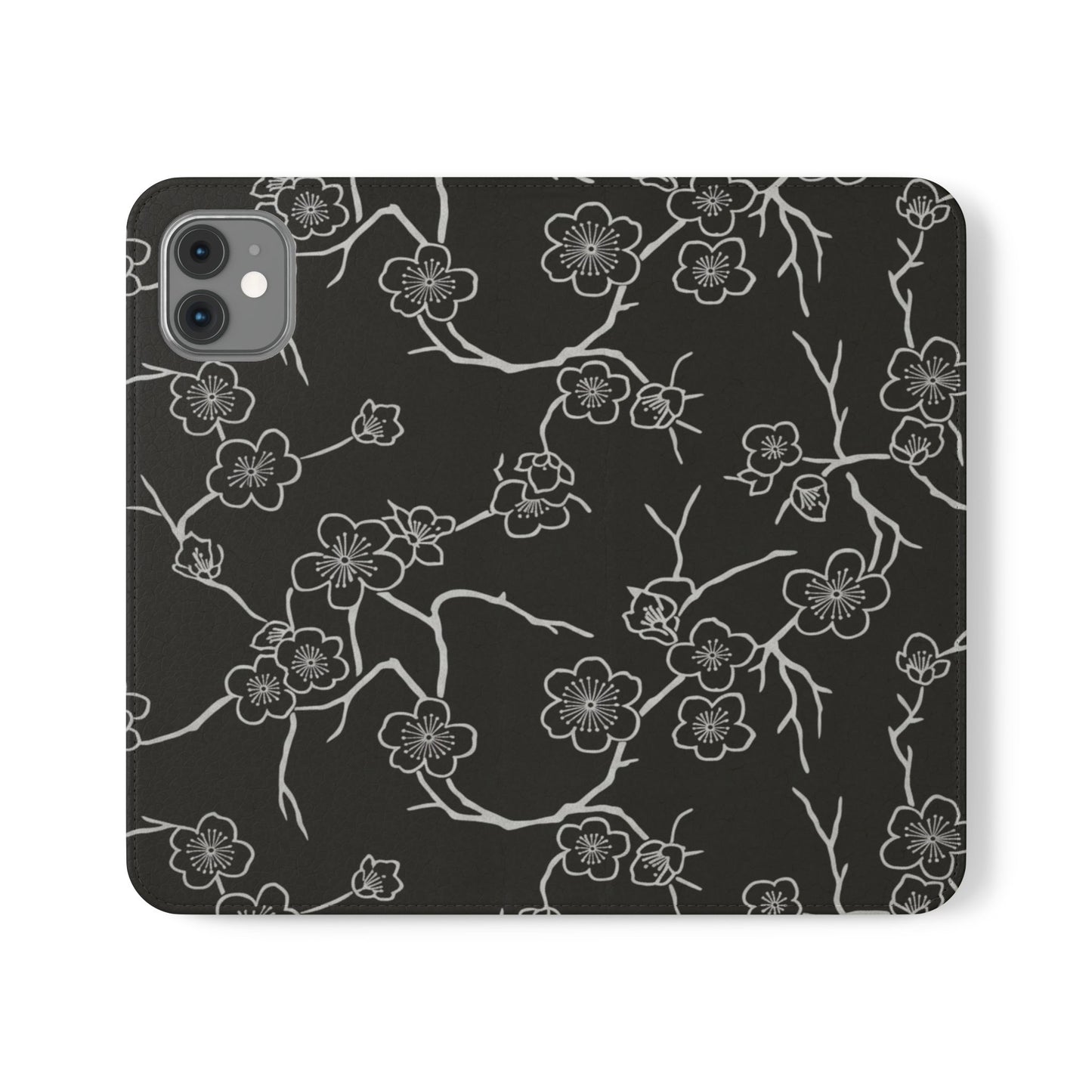 Black Cherry Blossom Flip Phone Case – Floral Wallet Flip Case with Card Slots