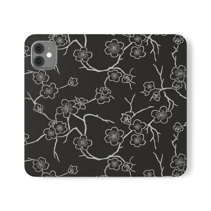 Black Cherry Blossom Flip Phone Case – Floral Wallet Flip Case with Card Slots