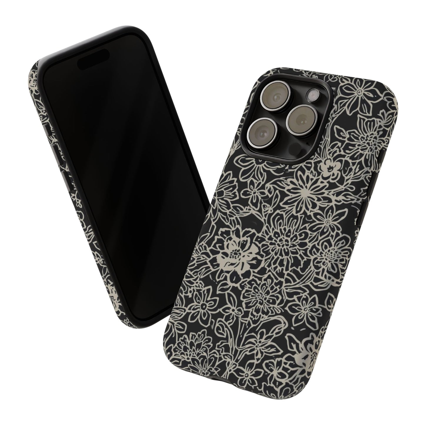 Floral Doodle Tough Phone Case — Black & White Sketch Flower Protective Cover