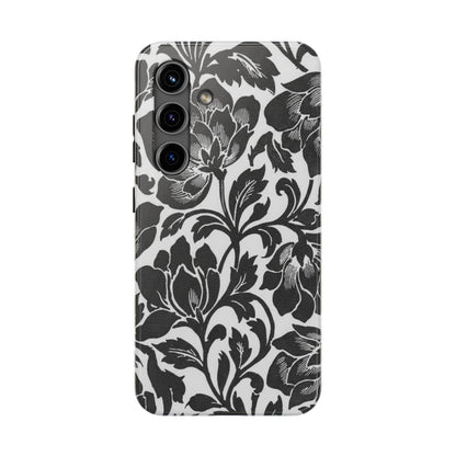Tough Phone Case — Black & White Vintage Floral Protective Cover