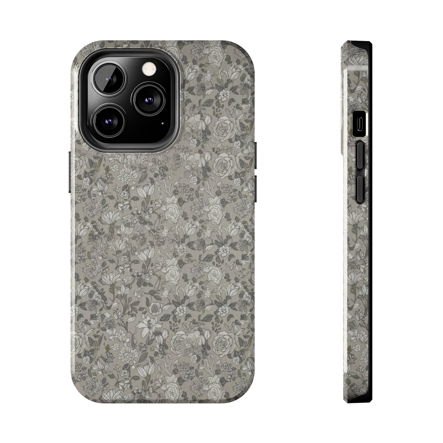 Gray Floral Tough Phone Case — Durable Protective Phone Cover with Vintage Botanical Pattern