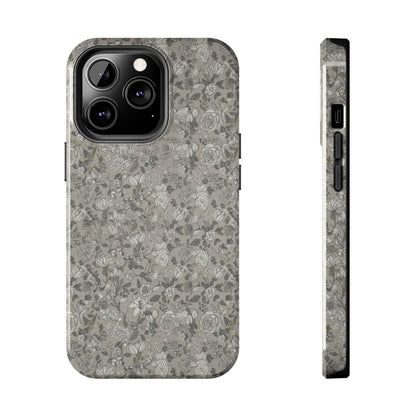 Gray Floral Tough Phone Case — Durable Protective Phone Cover with Vintage Botanical Pattern