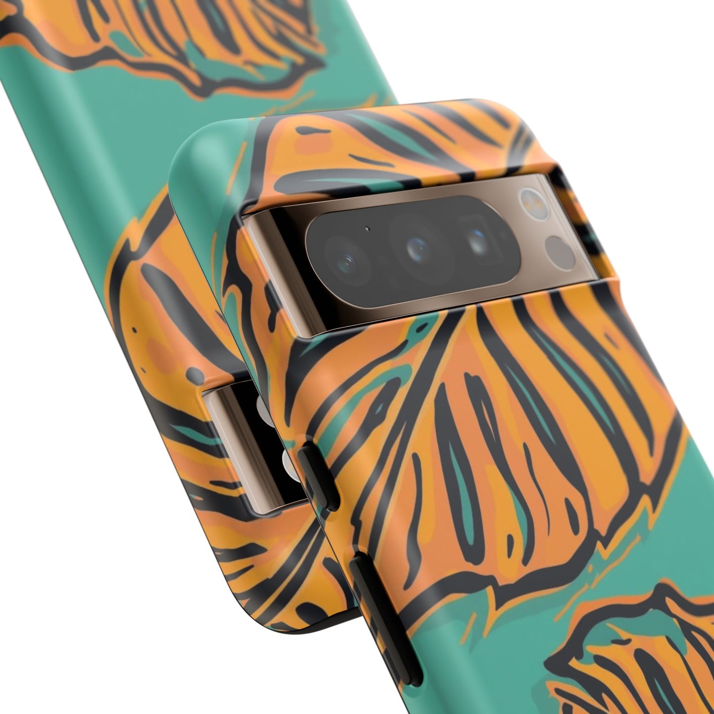 Tropical Leaf Tough Phone Case — Orange Monstera Design on Teal