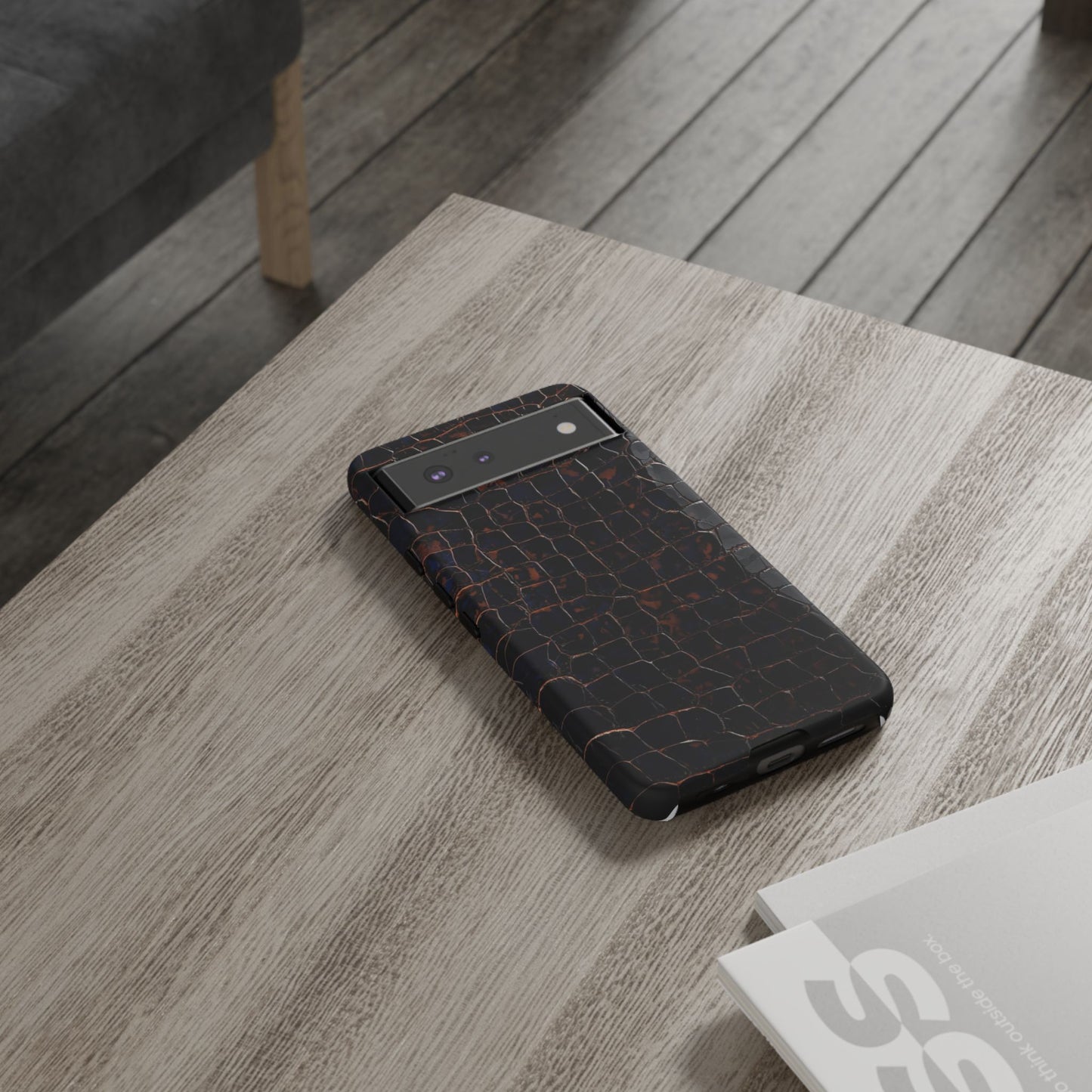 Croc-Embossed Tough Phone Case — Shockproof Black Alligator Texture