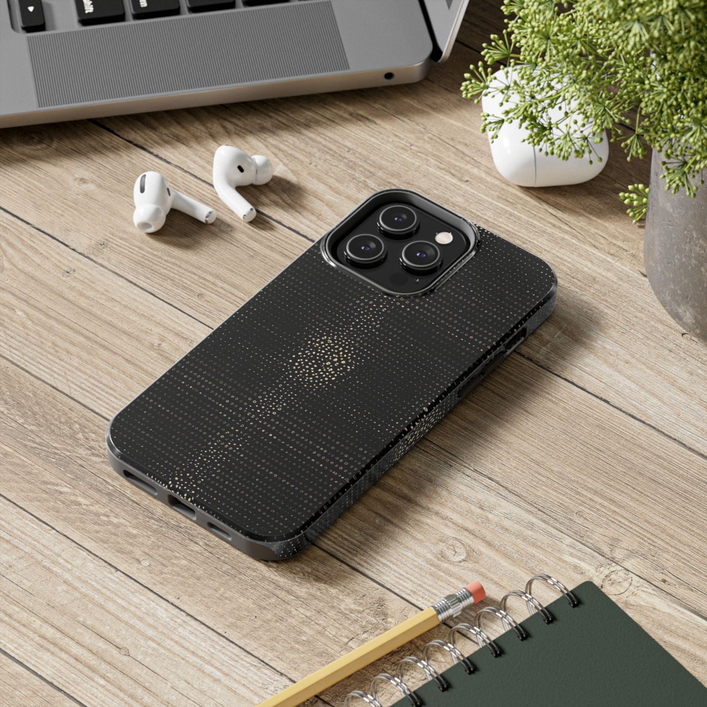 Tough Phone Case — Black Textured Metallic Dot Shield