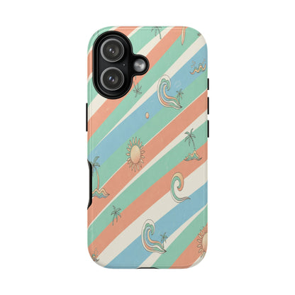 Retro Beach Stripes Phone Case — Sun, Waves & Palm Pattern Tough Case
