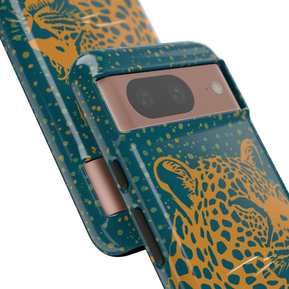Leopard Print Tough Phone Case — Gold Panther on Teal, Protective iPhone Cover