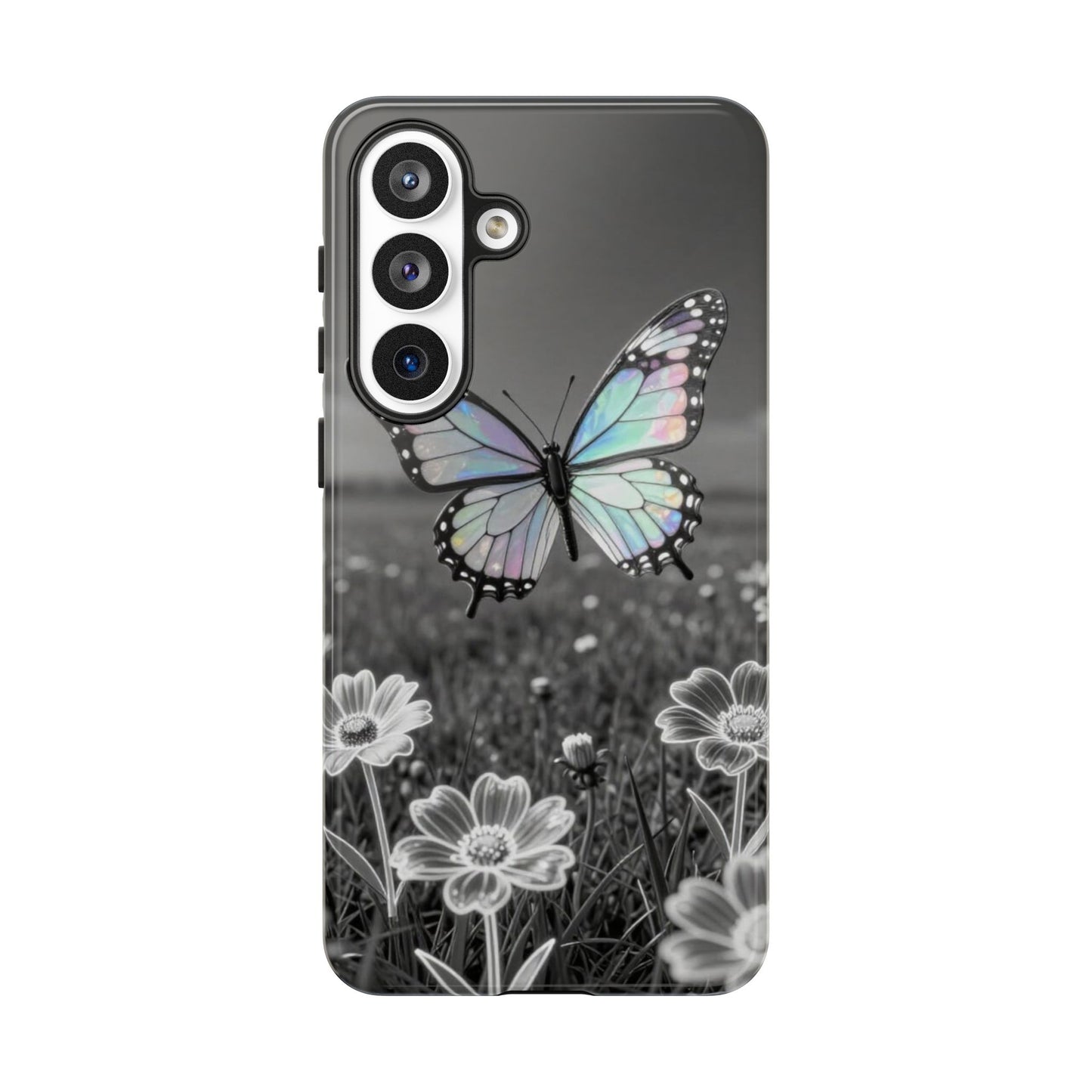 Butterfly Field Tough Phone Case — Pastel Holographic Butterfly on Black & White Floral Background