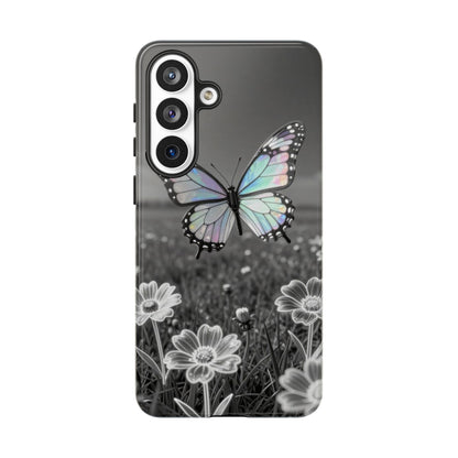 Butterfly Field Tough Phone Case — Pastel Holographic Butterfly on Black & White Floral Background