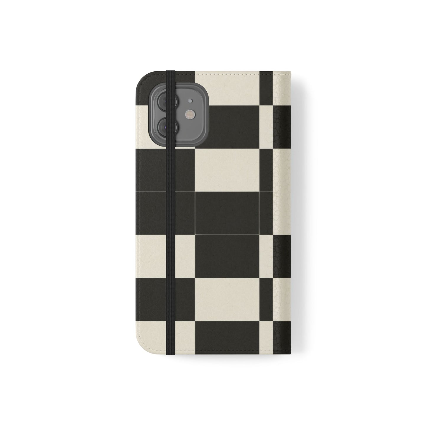 Checkered Flip Phone Case – Black & Cream Retro Grid Wallet Case