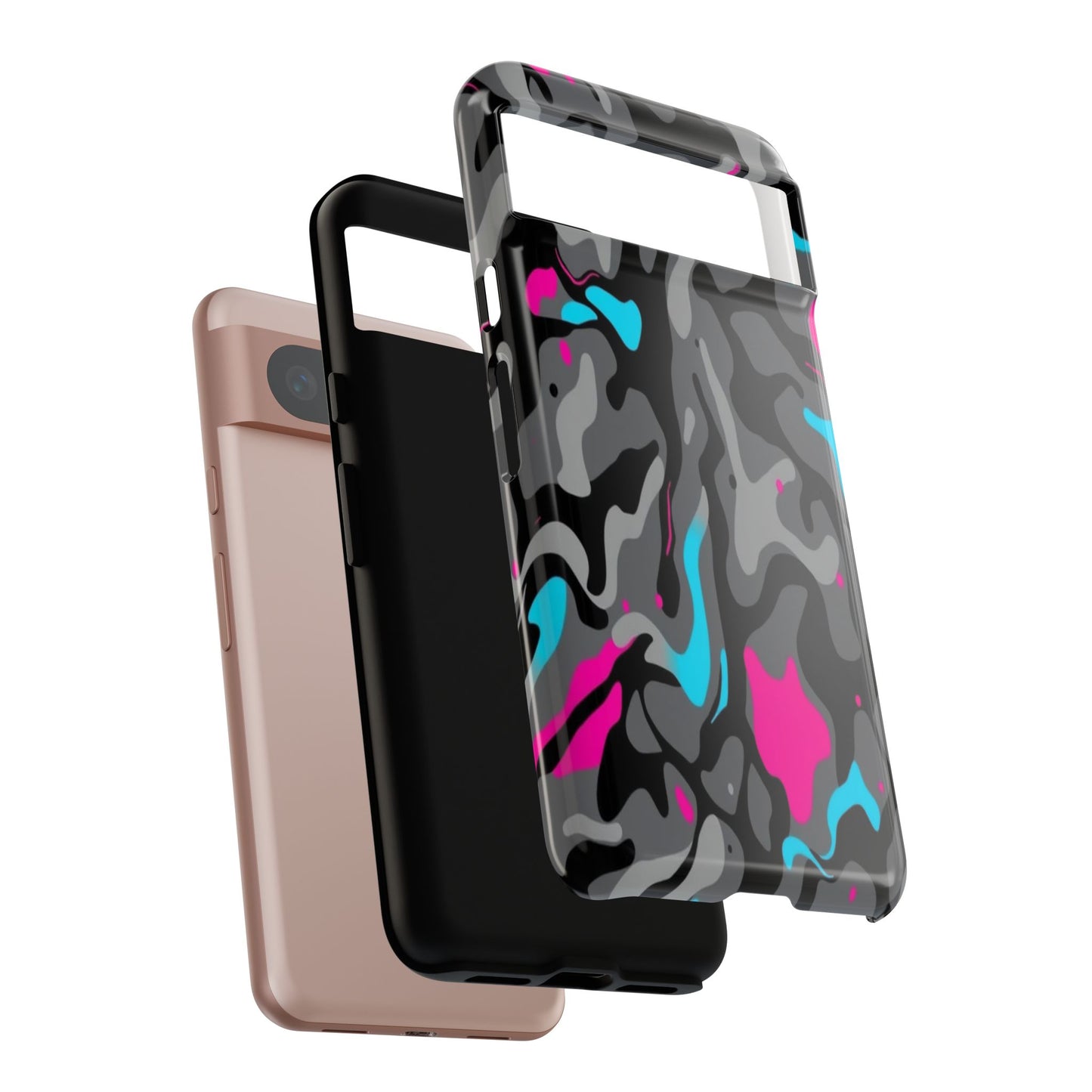 Camouflage Phone Case — Gray Camo with Neon Pink & Cyan Accent Tough Protective Cover